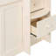 Lit mezzanine simple beige avec bureau coulissant, tiroirs de rangement et armoires fermées pour petites chambres