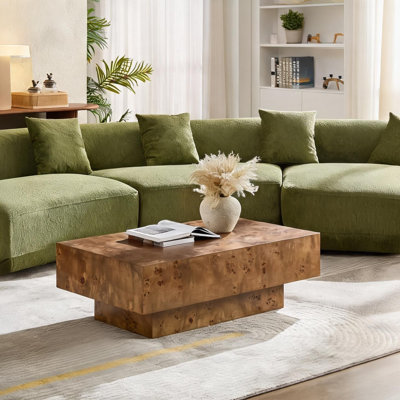 Rich Brown Burl Wood Veneer Coffee Table, Rectangle Mid-Century Modern Style for Living Room, 43.31 Inches
