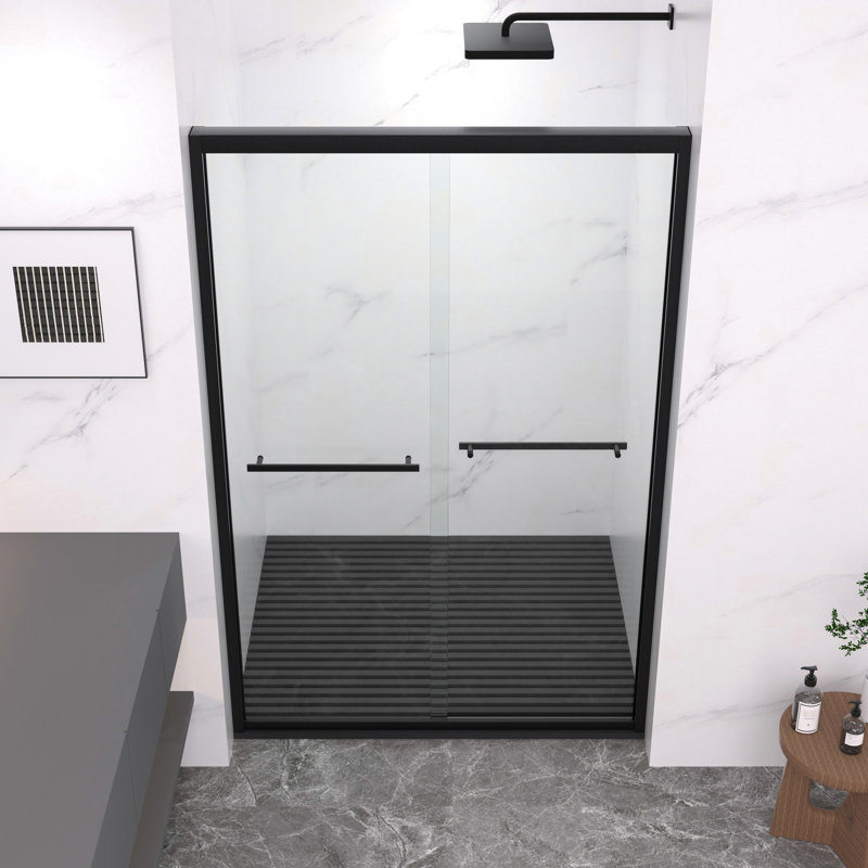 Porte de douche coulissante double de 72 po de hauteur avec verre trempé transparent de 5/16 po (8 mm), quincaillerie noire, conception de poignée, roulettes silencieuses, cadre en aluminium épais pour coffre-fort pour salle de bain, poignée anti-corrosion, facile