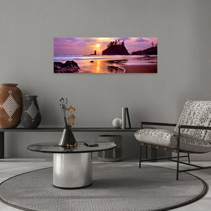 Silhouette of sea stacks at sunset Second Beach Olympic National Park Washington State USA 1 Piece Wrapped Canvas Panoramic Wall Art