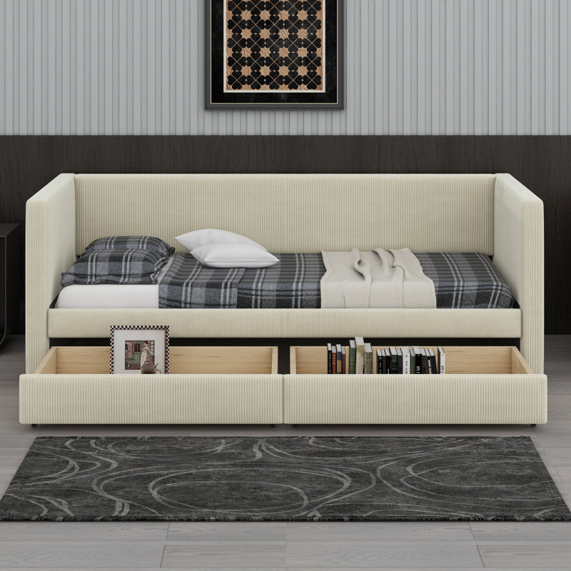Daybed With Two Drawers And Wood Slat, Beige