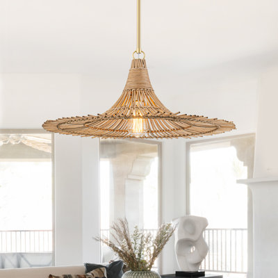 Luminaire suspendu en rotin naturel tissé à la main avec tige en laiton réglable, lustre côtier Boho 24 po pour salle à manger, îlot de cuisine, homologué UL / ETL, base E26 (ampoule non incluse)