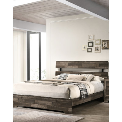 Grand lit rustique, plateforme au style contemporain, finition brune, base de lit à profil bas, bois massif, sommier sans taille, chambre à coucher dans un ensemble