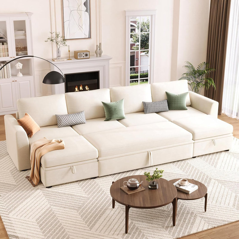 Sectional Sleeper Sofa with Pull-Out Bed, Chenille Modular Couch with Storage & 2 Ottomans