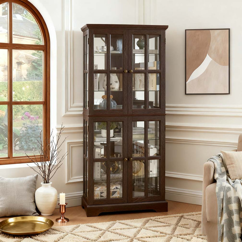 Vitrine antique avec portes réglables en verre, Cerisier