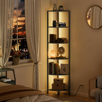 Six-Tier Corner Shelving Unit, 67.4 Inches, Black, Narrow Design, Metal Frame, Wood Construction, With LED Light. Suitable For Corner Use In Living Room Or Bedroom.