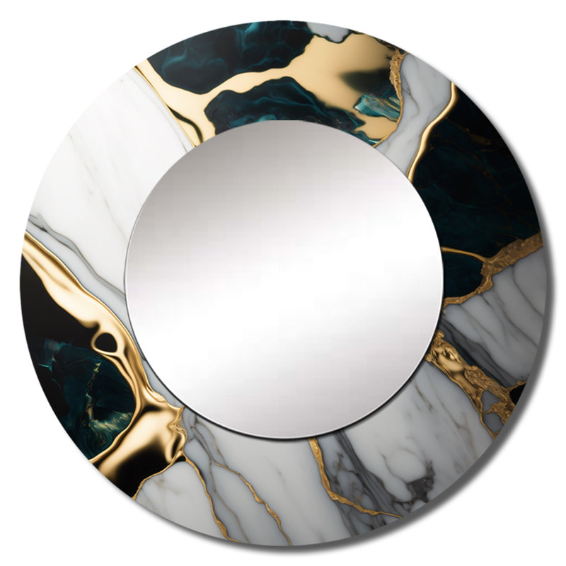 Sophana abstrait géode or et vert marbre I - miroir en marbre, miroir mural rond unique moderne, art imprimé en métal