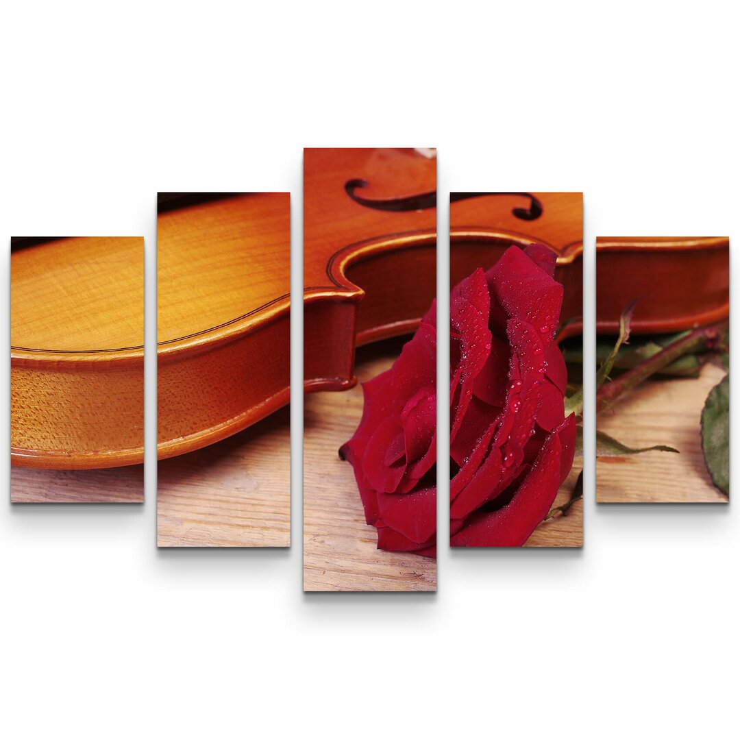 5-tlg. Leinwandbilder-Set Violine mit roter Rose