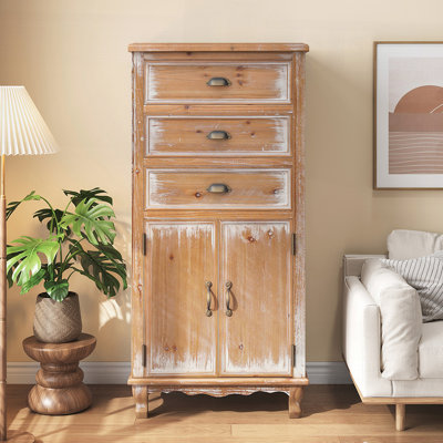 Armoire de rangement rustique en bois avec porte découpée décorative 3 tiroirs, grand organisateur étroit pour le salon, la chambre à coucher