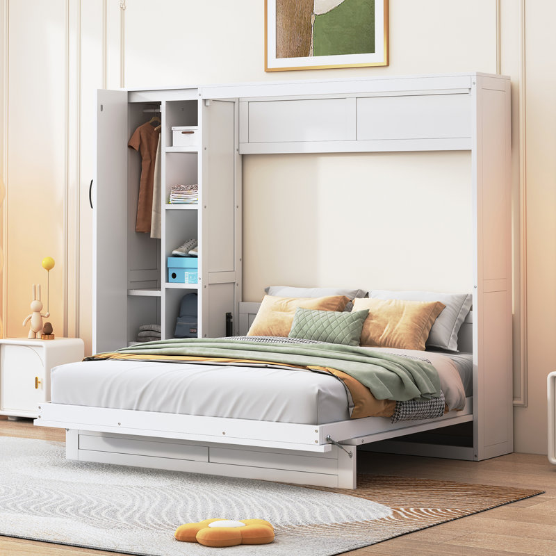 Grand lit escamotable mural avec tablettes, garde-robe et lumières DEL, Blanc, Grand lit