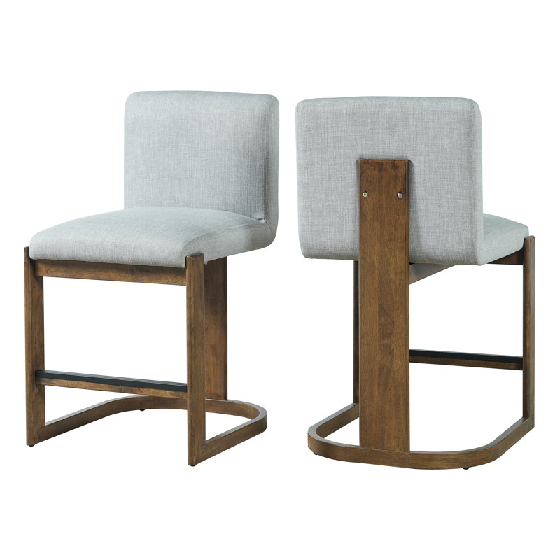 Tabourets de comptoir rembourrés en bois d'hévéa massif Modern Modern, Coussin gris clair / structure en noyer