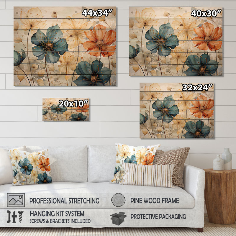 Mosaïque de pétales orange sarcelle I sur bois, H 10 po x l 20 po x P 0,78 po