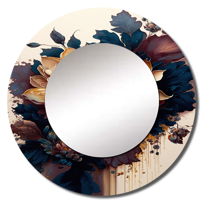 Quann Burgundy And Blue Dahlia Bunch II - Dahlia Decorative Wall Mirror, Red Round Mirror, Printed Metal Art, 36" x 36"
