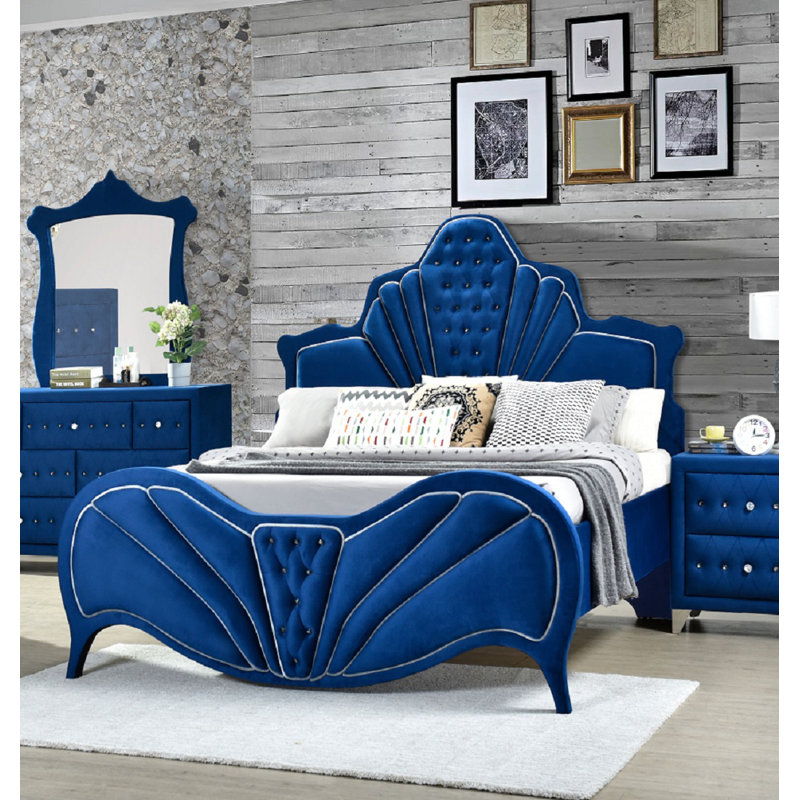Lit plateforme tapissier touffeté, Bleu, Très grand