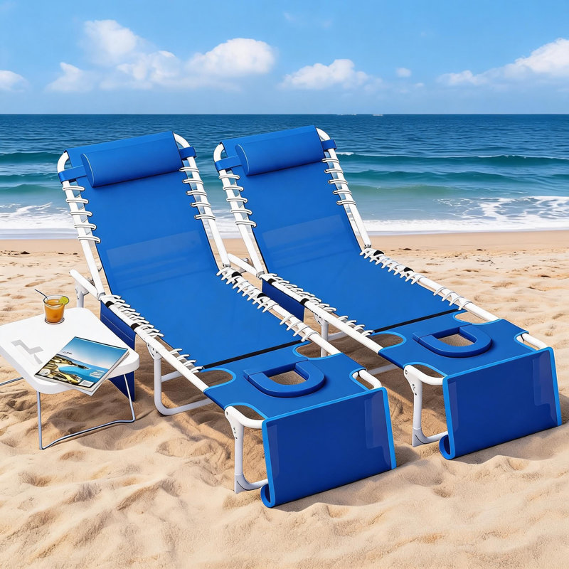 Ensemble de 2 chaises longues de bronzage pliables avec trou pour le visage et table d'appoint, 5 chaises de plage portatives réglables à inclinaison en acier avec coussins pouvant supporter 330 lb pour la cour de la piscine