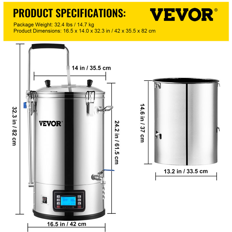 VEVOR 9.2 Gal Stainless Steel Electric Brewing System with LCD Panel