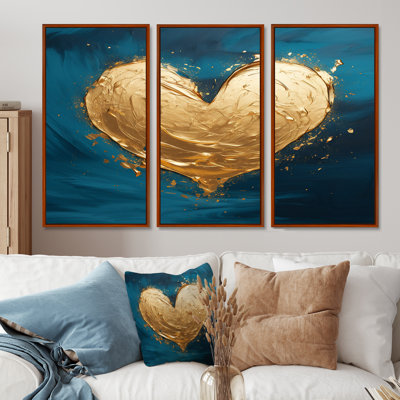 Golden Shining Heart Deep Teal Blue - Abstract Print Wall Art Set