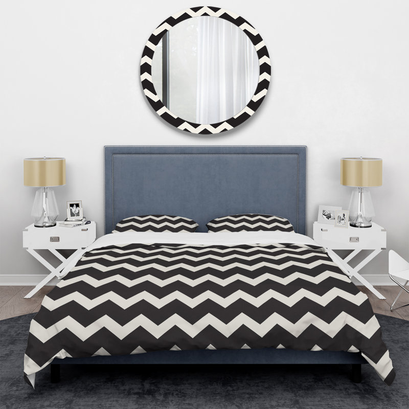 Chevron horizontal noir en zigzag - ensemble de housse de couette abstrait - polyester en microfibre