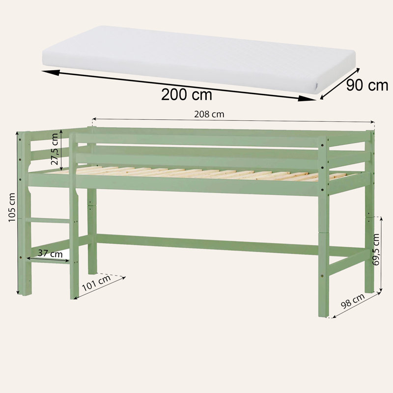 European Single (90 X 200 Cm) Mid Sleepers with Storage Included, Pale Green