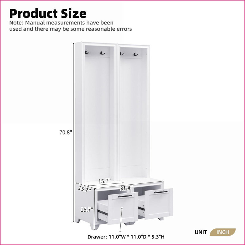 Coat Racks Set of 2, White French Retro 3-in-1 Hall Tree with Bench &amp; Drawers | MDF | Primary Living Space, White