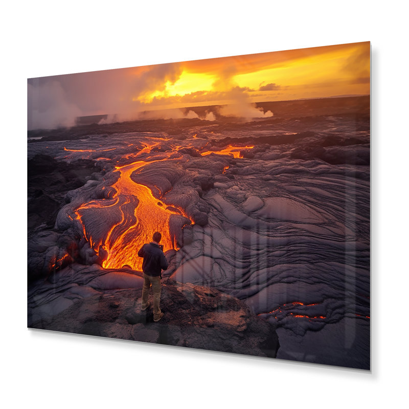 Paysage de volcan hawaïen I - salon d'art mural en métal Hawaï, H 16 po x l 32 po x P 1 po