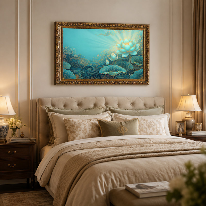 Toile de lotus bleu sarcelle avec tourbillons dorés, art mural, 20"H x 30"W