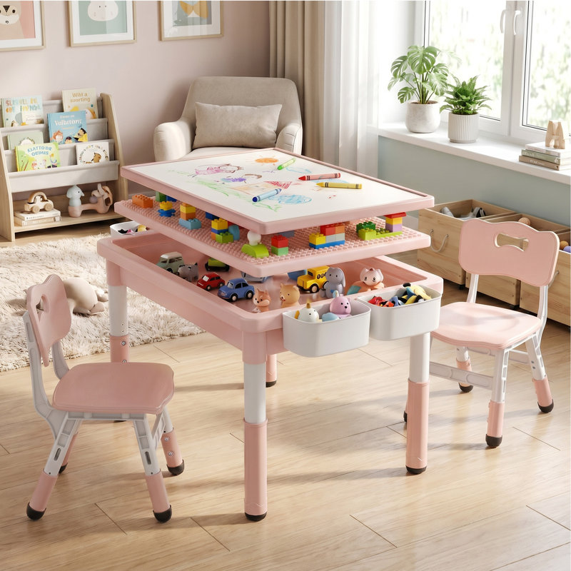 Kids Table & 2 Chairs Set, Height Adjustable Children Activity Table w/Storage, Graffiti & Building Blocks Tabletop, Toddler Furniture Set for Classroom, Daycare, Home