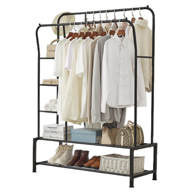 Clothes Rail With Double Hanging & Shelves Black Metal Garment Rack Heavy Duty
