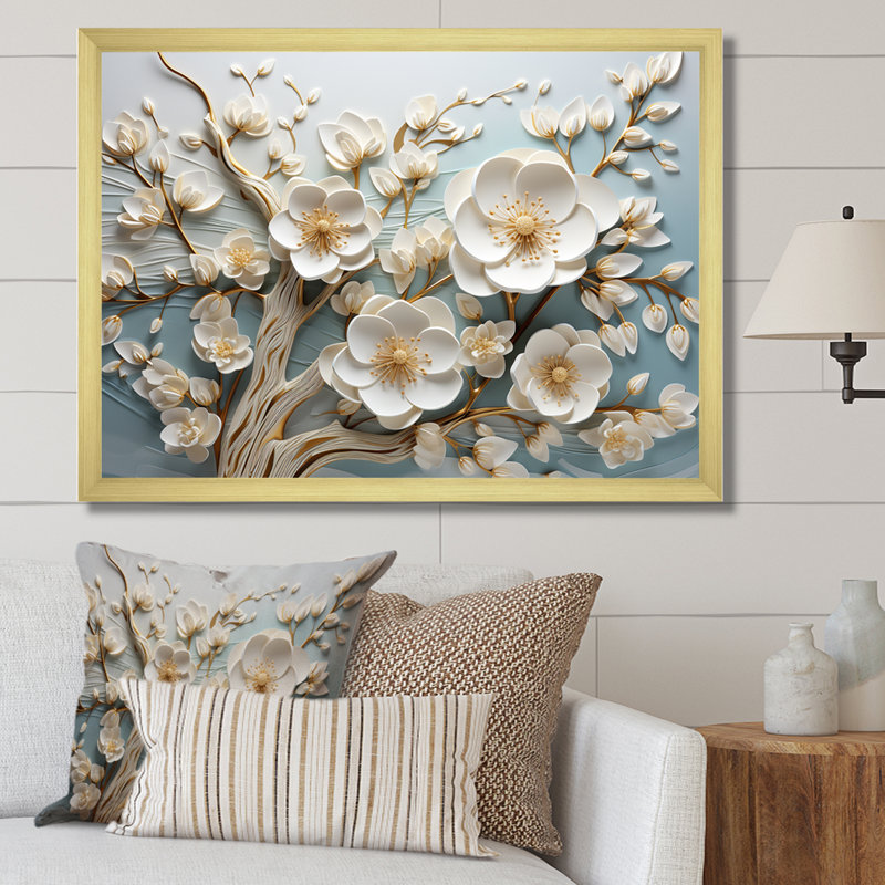 Orchidée blanche jardin de branches 9 - Art mural floral abstrait, Cadre d'angle fermé doré, H 12 po x l 20 po x P 1 po