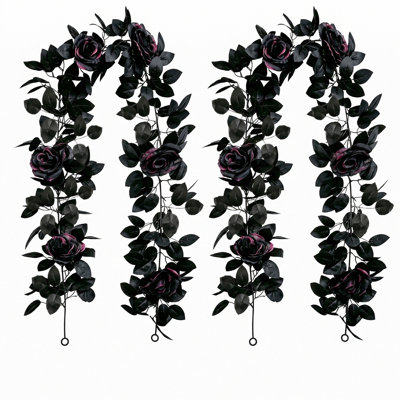 2 Pcs Halloween Artificial Black‑Purple Rose Garland, 68.9 Inch Fake Hanging Vine with Black Leaves, Gothic Floral Ivy for Wall, Arch, Haunted House, Halloween Party Decor