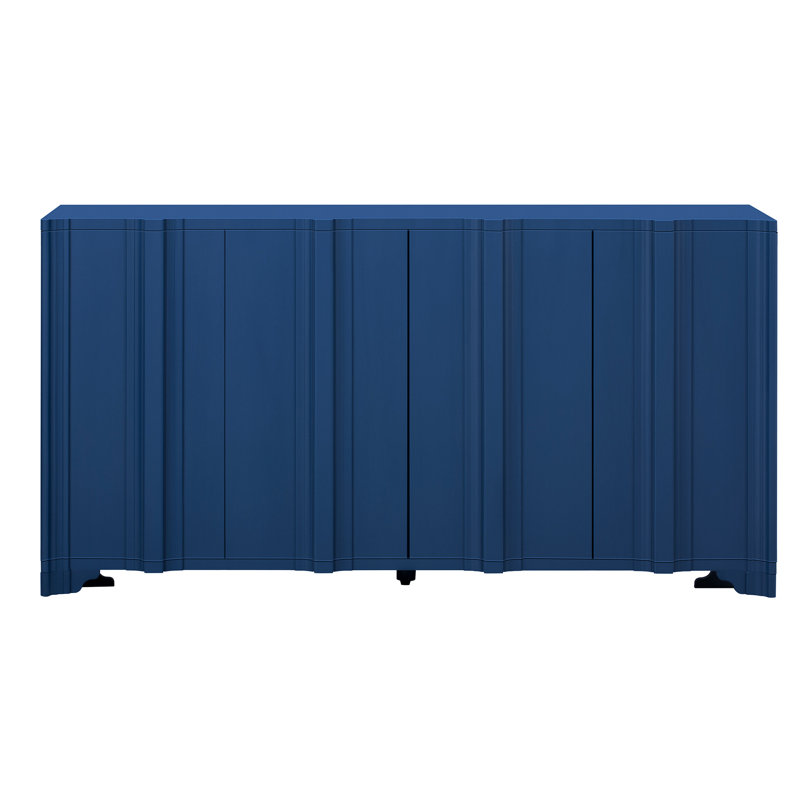 Buffet à quatre portes avec détails linéaires complexes, finition en placage de pin et assemblage facile - pour les intérieurs résidentiels, bleu marine avec placage superposé, pieds triangulaires saisissants, milieu rehaussé