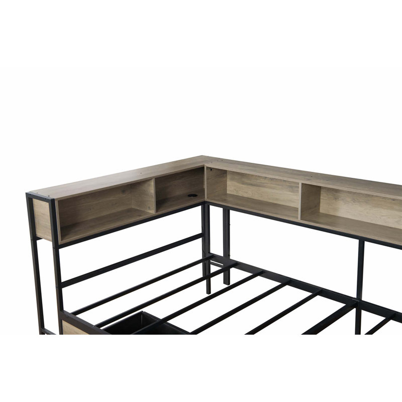 Modern Twin Corner Daybed with Bookcase, Storage Drawers, LED Light, and Reversible Charging Desk., Twin