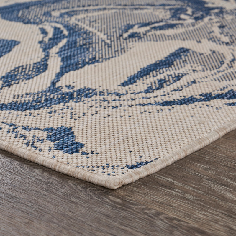 Ohiopyle Abstract Beige/Blue Power Loomed Indoor/Outdoor Area Rug, Rectangle 1'10" x 3'