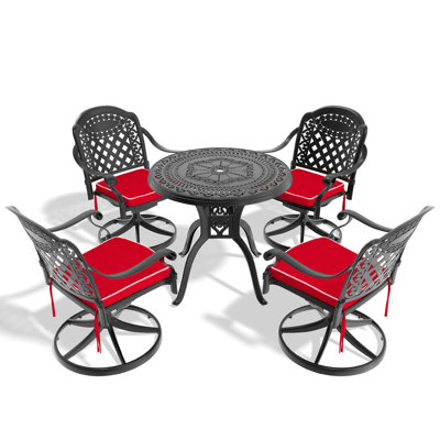 5 All-weather Cast Aluminum Dining Configuration, 4 Swivel Chairs & 31.50" Round Table, Black, Seating, Comfortable, Easy To Put Together Patio Arrangement, Weather , Comfy