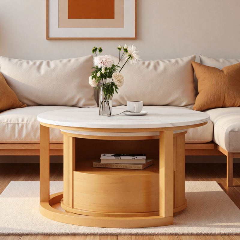 Table basse ronde gigogne avec plateau en marbre blanc, rangement à 2 niveaux et 1 tiroir