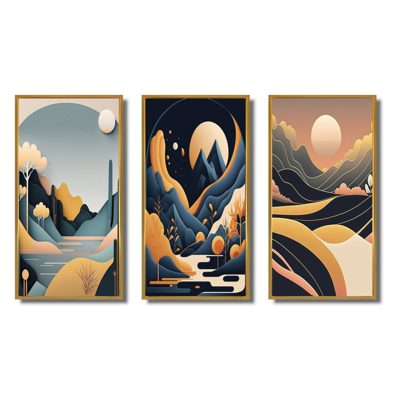 «Full White Moon Over The Mountains», 3 pièces sur toile, H 20 po x l 36 po, Or