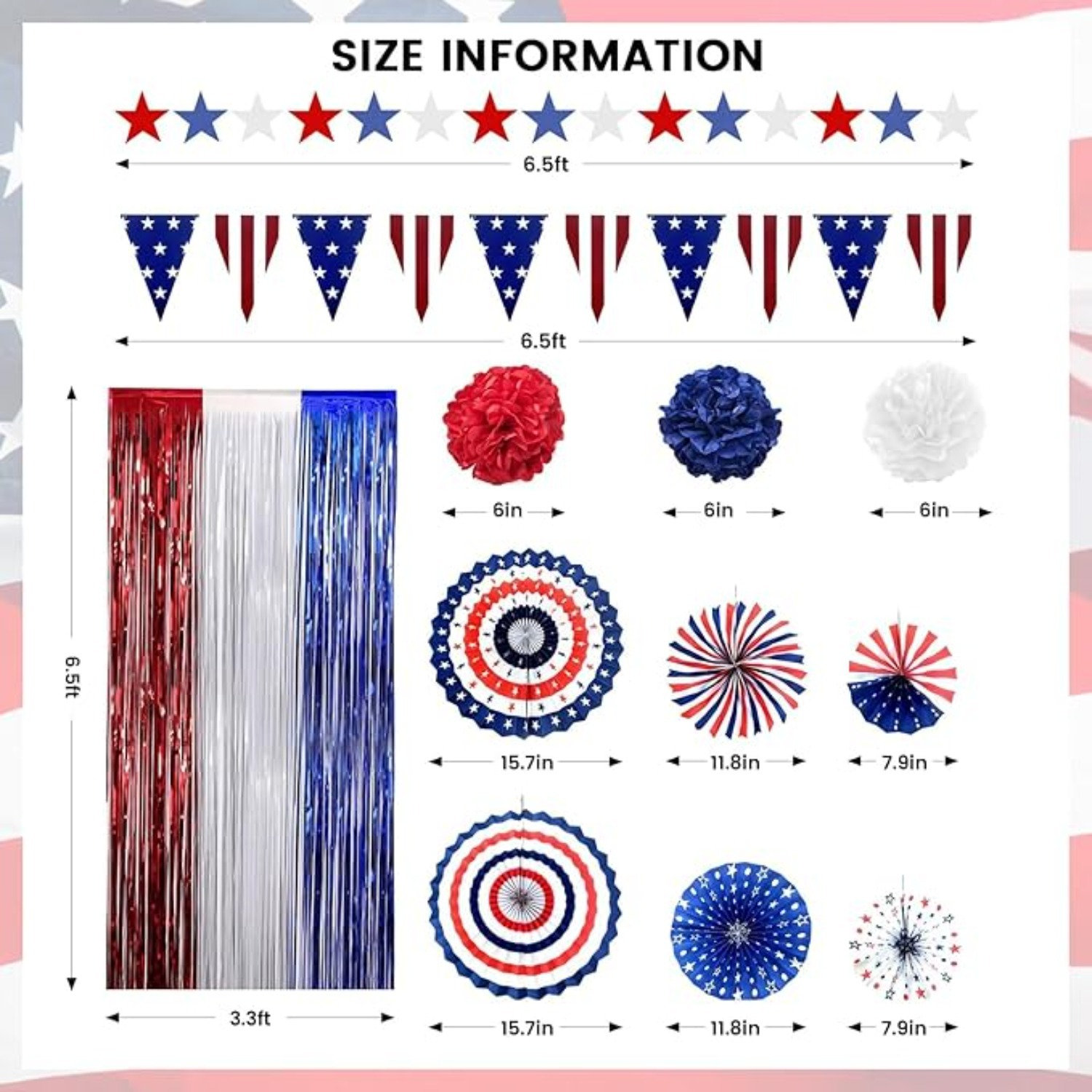 4Th Of July Decorations Patriotic Decor American Flag Red White Blue Paper Fans Independence Day Star Streamer, Foil Fringe Curtain, Pom Poms, USA Pennant Bunting Party Decor Supplies