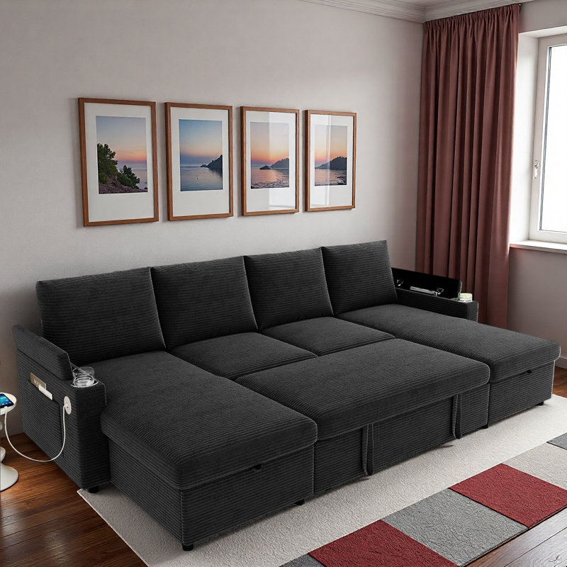 Convertible U-shaped Sectional Sofa With Storage Chaise Lounges, Cup Holders, Usb Ports, Storage Boxes And Pockets