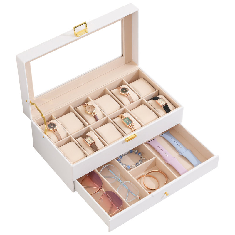 Boîte à montre avec couvercle en verre et tiroir, support de rangement pour bijoux à 2 fentes à 12 couches, 12 Slots, White