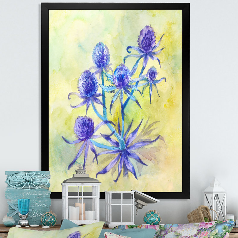 «Blue Wildflower Ernygium», art mural traditionnel sur toile, Cadre photo noir, H 20 po x l 12 po x P 1 po