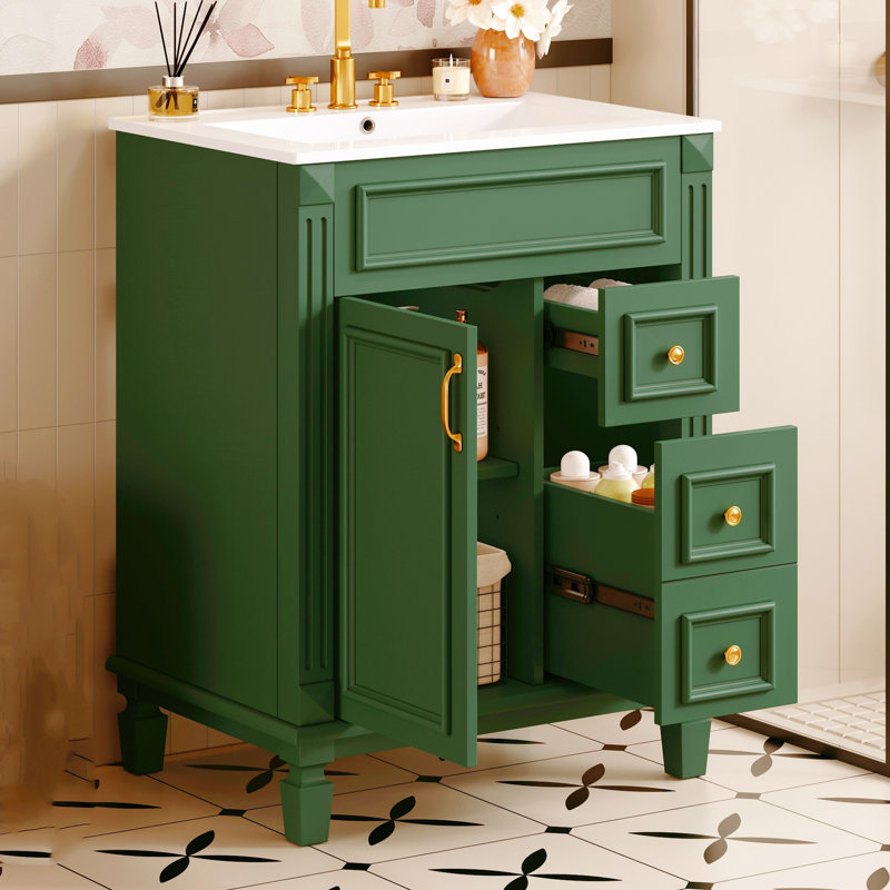 Meuble-lavabo compact de 24 po avec lavabo en céramique, 2 tiroirs et tablettes réglables, vert, Vert, Doré