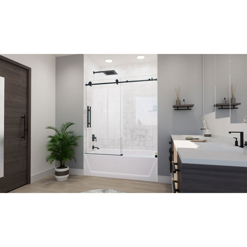 55" - 59" W x 62" H Single Sliding Frameless Tub Door with ClearMax Glass Treatment, Matte Black