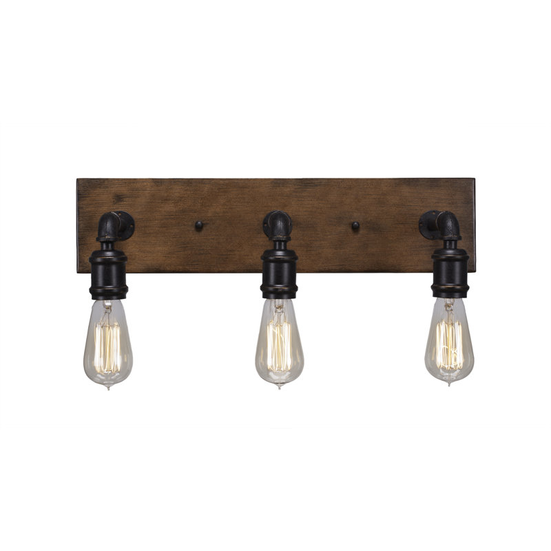 Barre d'éclairage de salle de bain 3 lumières Portland en métal peint aspect bois et finition granite foncé avec ampoules ambrées antiques