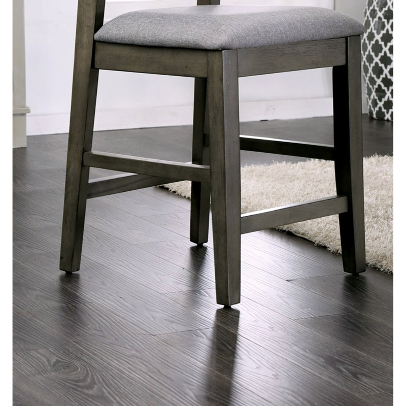 Chaises de salle à manger à hauteur de comptoir contemporaines en bois d'hévéa gris avec sièges rembourrés en tissu en A de 2 pour cuisine à panneau arrière