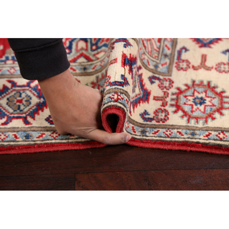 Tapis rouge / ivoire / bleu marine en laine noué à la main 3 pi 5 po x 4 pi 10 po