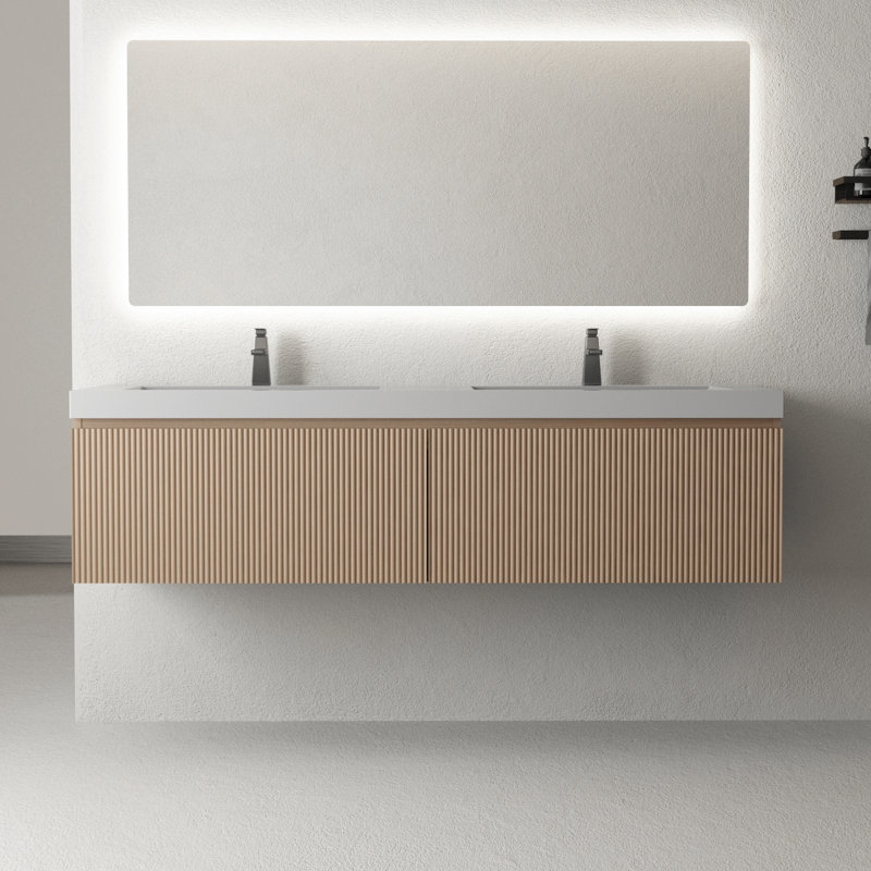 Meuble-lavabo double 60 po avec lavabo, armoire de rangement flottante avec double lavabo en résine et deux tiroirs à fermeture en douceur, bois naturel pré-assemblé