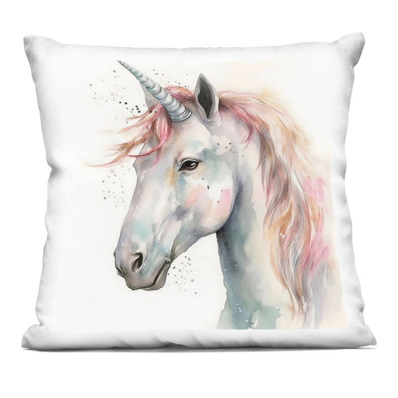 Coussin décoratif imprimé licorne avec crinière rose, design Creative Studio