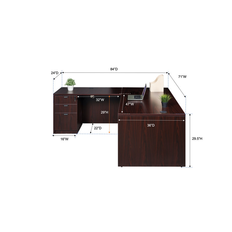 L shaped Office Executive Desk with File Cabinets, Mahogany, 71"W X 36"D X 29.5"H