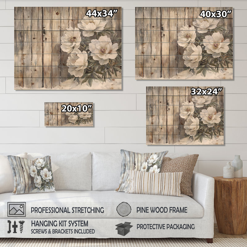 Pivoines par la porte de grange glacée - Art mural en bois de pivoines - sur bois de pin naturel