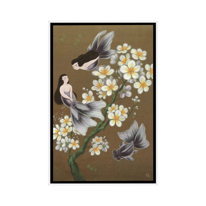 Goldfish Mermaids - Winter Plum Blossoms 1 Piece Painting on Canvas, 66.04 cm H x 45.72 cm W, White Framed